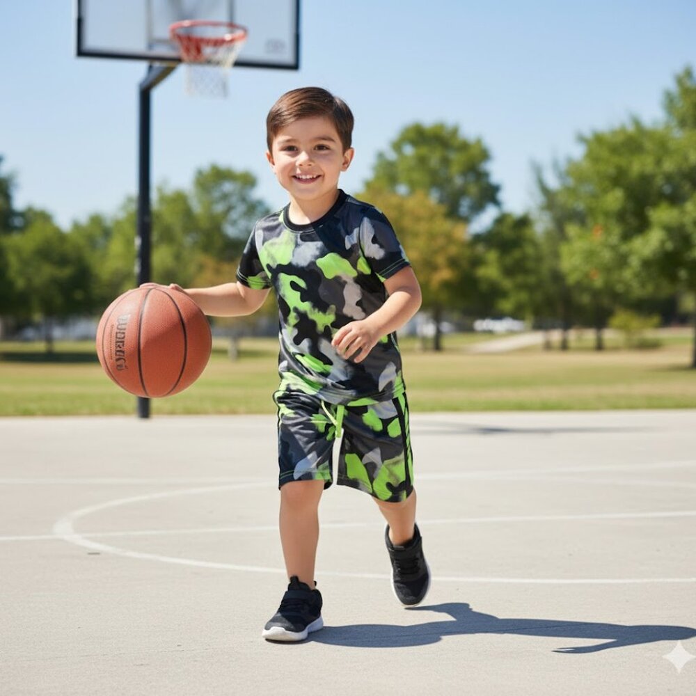 Boy’s Russell Camo 2 Piece top shorts SZ 8 Neon Green Gray BASKETBALL ATHLETIC